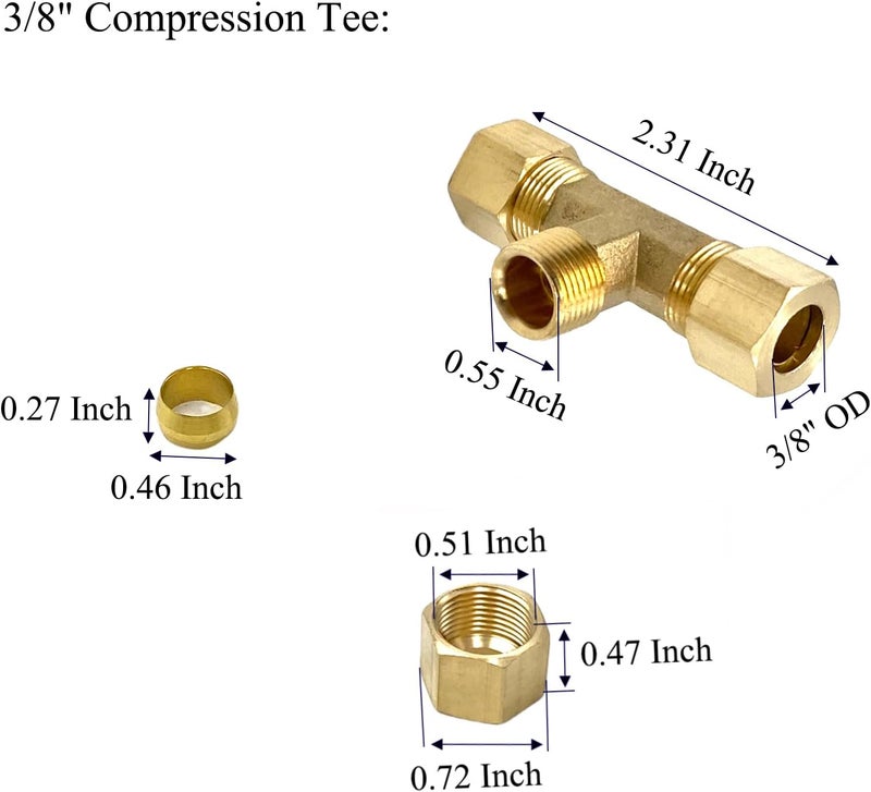 Bumugufu 2 Pcs 3/8" Compression Tee, 3/8" OD x 3/8" OD x 3/8" OD Copper Tubing Fittings 90 Degree Brass T Tube Fitting for Gas Line, Oil Pressure Gauges and Air Compressor - Image 2